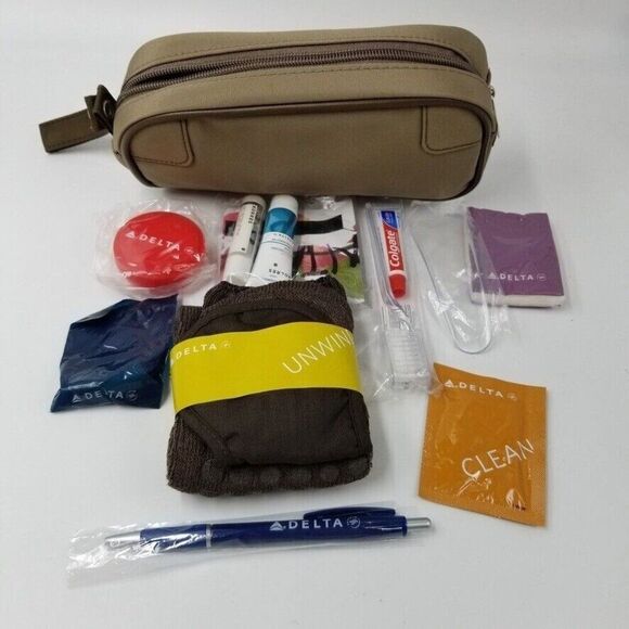 Vintage Delta Airlines Bag Business Class Amenity Kit Bag Brown Toiletry Travel - Picture 1 of 7